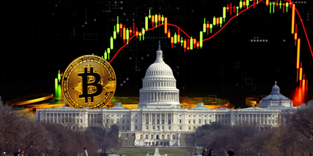 Bitcoin highlighted over the US Capitol with a falling graph, symbolizing the impact of the 2025 political and economic crisis