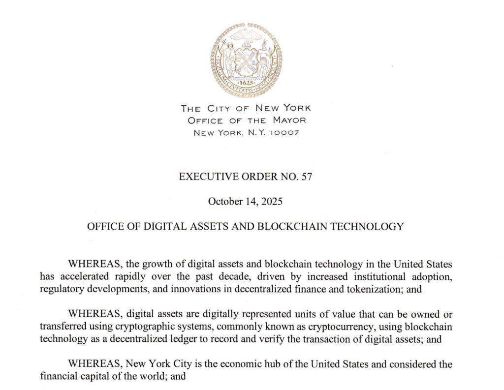 Prefeito de Nova York cria o Escritório de Ativos Digitais e Tecnologia Blockchain por meio da Ordem Executiva nº 57, em 14 de outubro de 2025