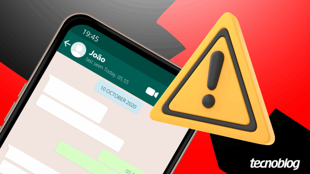 Alerta de golpe no WhatsApp: imagem mostra conversa suspeita com ícone de aviso, destacando riscos de engenharia social e fraudes
