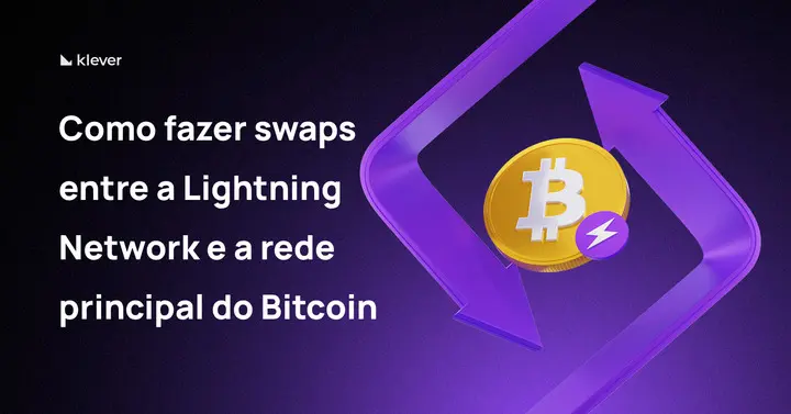 Ilustração mostrando o símbolo do Bitcoin com setas roxas representando swaps entre Lightning Network e Bitcoin Mainnet