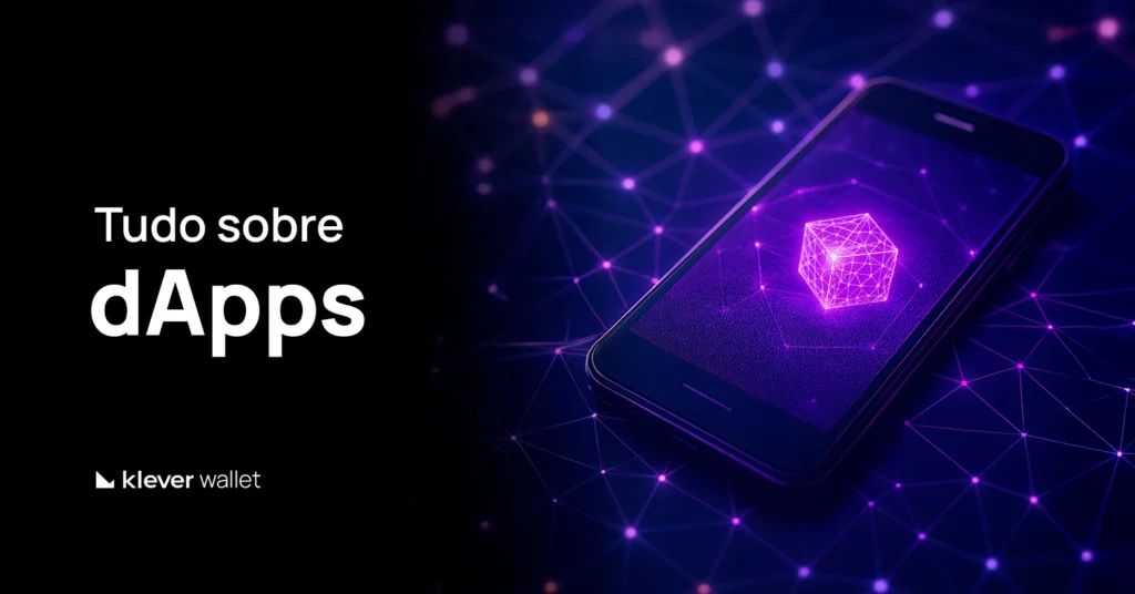 Imagem ilustrando o conceito de dApps, com um smartphone exibindo um cubo digital conectado a uma rede blockchain roxa