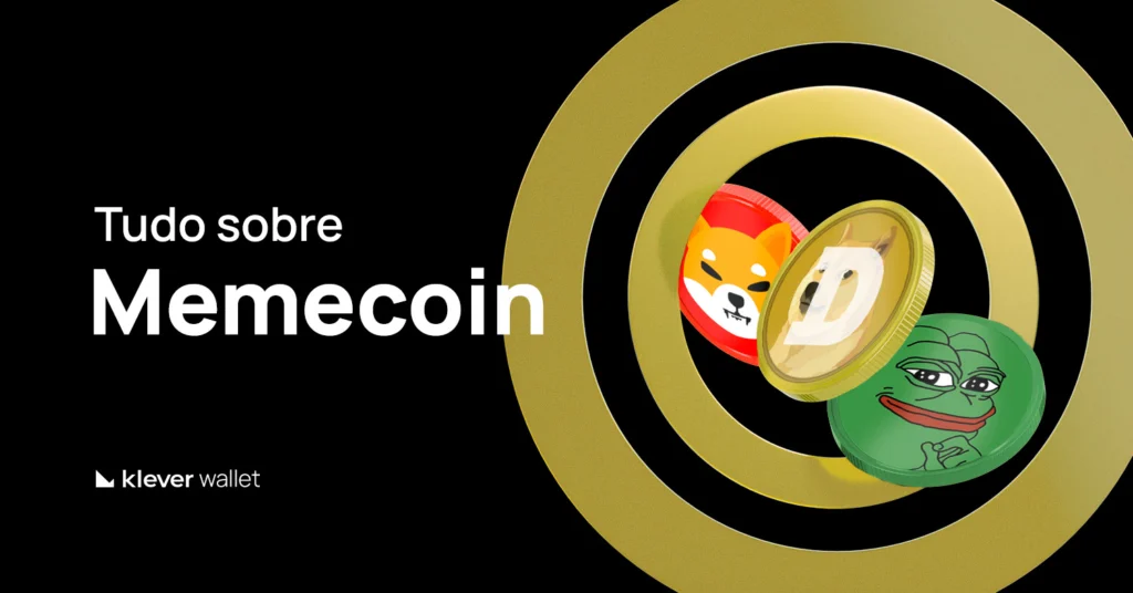 Design com moedas Dogecoin, Shiba Inu e Pepe simbolizando memecoins populares em 2025, com destaque ao tema ‘All about Memecoins"