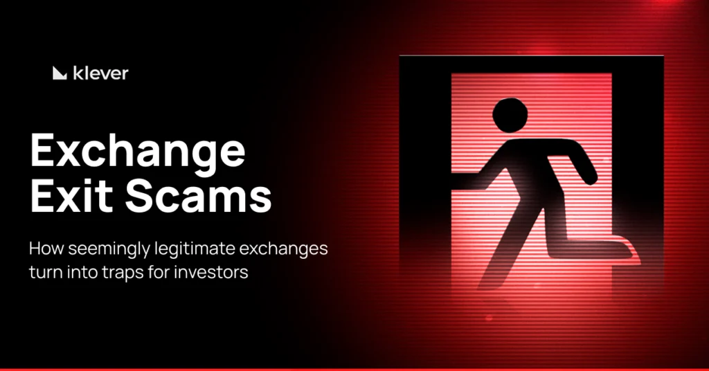 Image with a red background and an exit icon, representing the theme of 'exit scams on exchanges' and warning about scams on crypto exchanges.