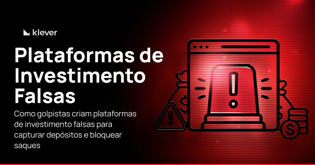 Ilustração em vermelho mostrando alerta de golpe na plataforma digital, destacando riscos de plataformas de investimento falsas