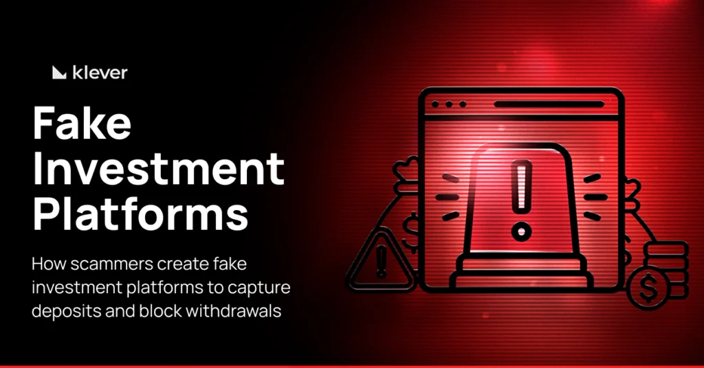 Illustration in red showing a scam warning on the digital platform, highlighting the risks of fake investment plataforms.