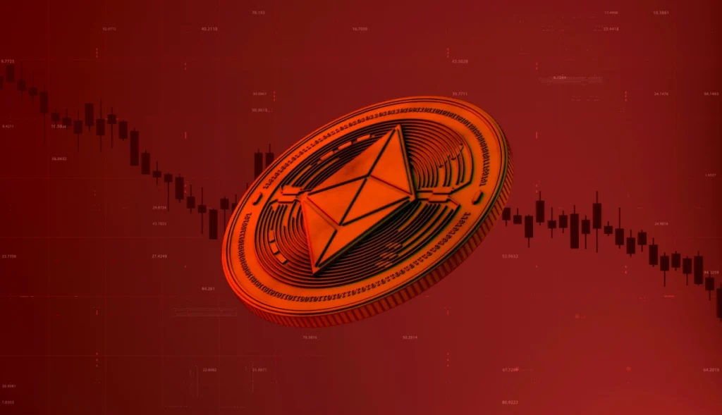 Moeda do Ethereum em destaque sobre fundo vermelho com gráfico de queda, representando forte desvalorização do mercado cripto