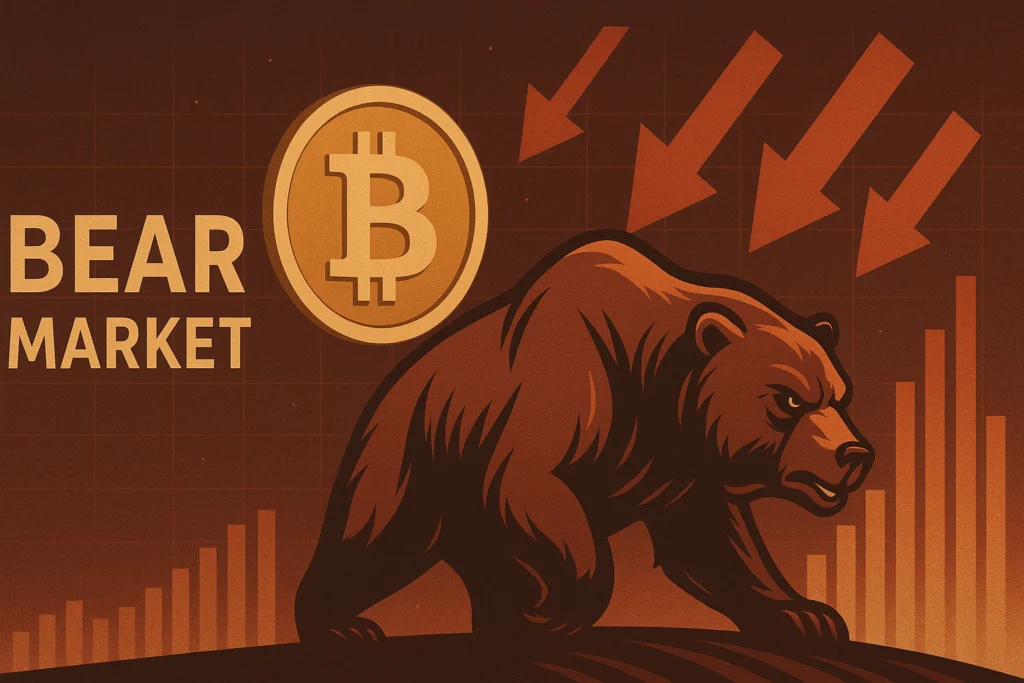 Ilustração de bear market com urso em postura agressiva, setas vermelhas para baixo e Bitcoin em queda no mercado cripto