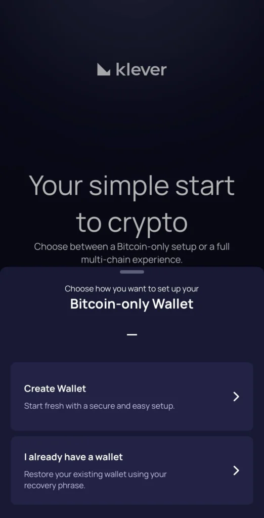 Klever Wallet screen displaying the Bitcoin-only Wallet mode settings, with options to create a new wallet or restore one using the seed phrase.
