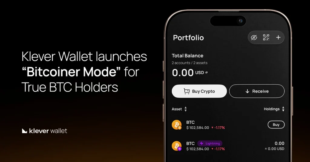 Image from Klever Wallet announcing ‘Bitcoiner Mode’, a new mode exclusively for users focused solely on Bitcoin and the Lightning Network.