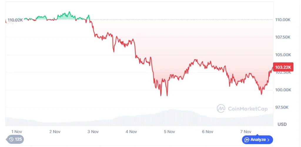 Gráfico do preço do Bitcoin entre 1 e 7 de novembro de 2025, mostrando queda de cerca de US$ 110 mil para US$ 103 mil segundo CoinMarketCap