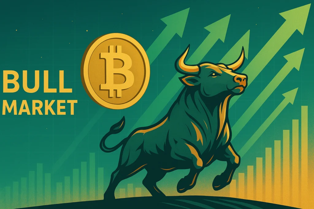 Ilustração de bull market com touro em movimento, gráfico em alta e moeda Bitcoin dourada simbolizando valorização no mercado cripto