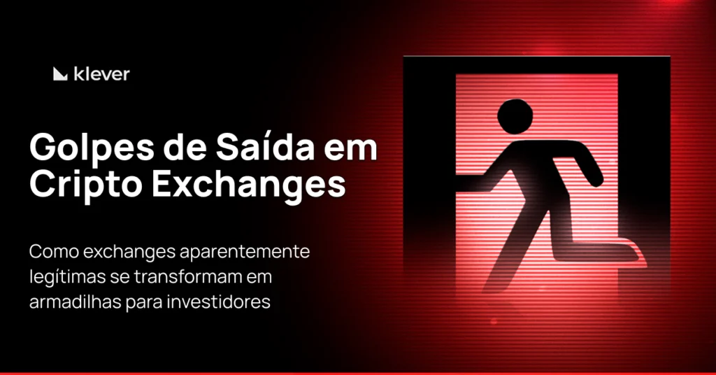 Imagem com fundo vermelho e ícone de saída, representando o tema ‘golpes de saídas em exchange’ e alertando sobre golpes em exchanges cripto