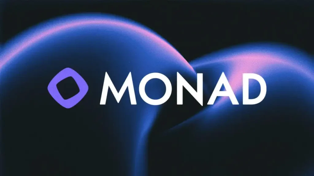 The Monad blockchain logo is prominently displayed on a blue and purple background, emphasizing its proposition of high performance and parallelization in smart contracts.