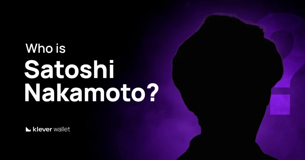 Image with the text ‘Who is Satoshi Nakamoto?’ on a purple background with a mysterious silhouette, representing the anonymous creator of Bitcoin.