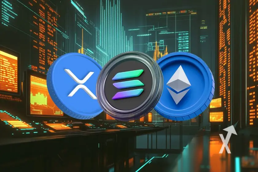 Icons of XRP, Solana, and Ethereum are prominently displayed against a technological backdrop, representing the movement of the crypto market.