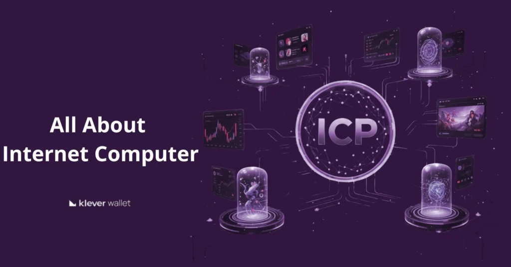 Purple illustration highlighting the ICP with digital panels and futuristic elements, representing on-chain applications of the Internet of Computers.