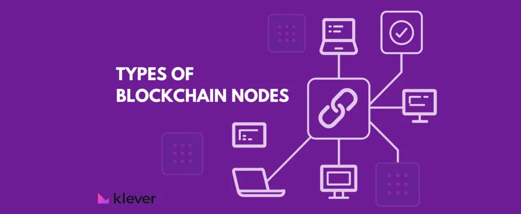 Purple illustration showing different types of connected blockchain nodes, highlighting computers, validators, and network links.