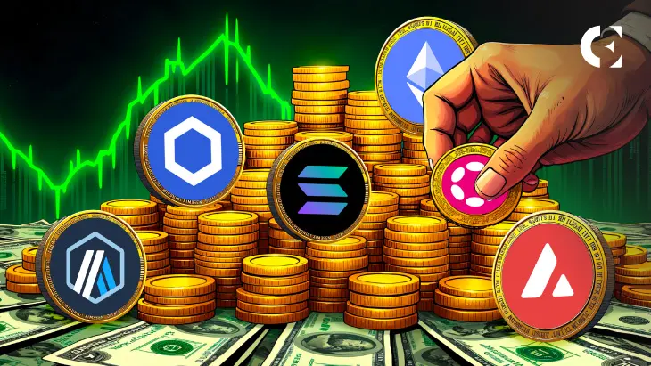 Illustration of popular altcoins stacked with a bullish chart in the background, showing token selection and crypto investment strategy.