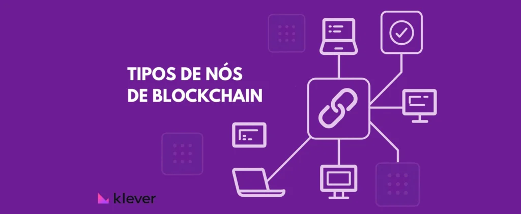Ilustração roxa mostrando diferentes tipos de nós de blockchain conectados, destacando computadores, validadores e links de rede.