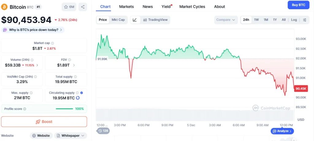 Bitcoin price chart over the last 24 hours showing a drop to around US$90,000, reflecting strong market volatility.