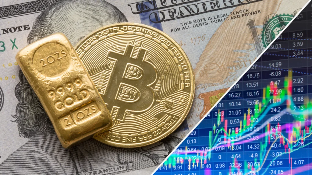 A gold bar and a Bitcoin coin placed on a dollar bill next to a market chart, symbolizing a comparison between assets and volatility.