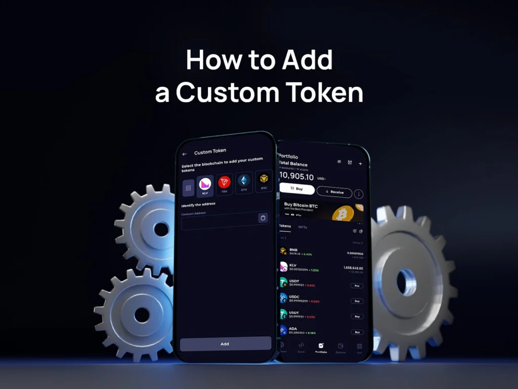 How to add a custom token in Klever Wallet using a contract address, showing the crypto wallet interface and multi-chain token management on a mobile app.