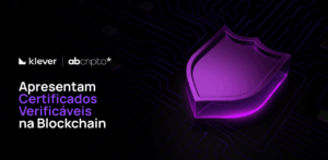 Banner visual com os logotipos da Klever e da ABCripto, ao lado de um escudo roxo brilhante que representa segurança digital.