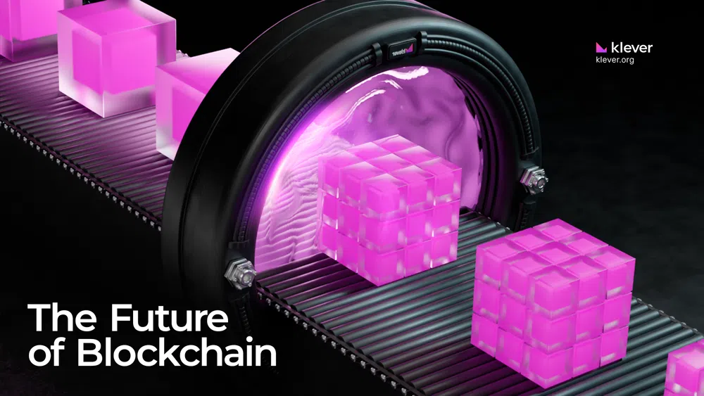 <p> <img src="futureofblockchain.jpg" alt="The image features glowing pink cubes on a futuristic conveyor belt moving towards a high-tech portal. The dark background highlights the neon glow. The text "The Future of Blockchain" is in the bottom left, and the "klever" logo with "klever.org" is in the top right, emphasizing blockchain innovation.."> 