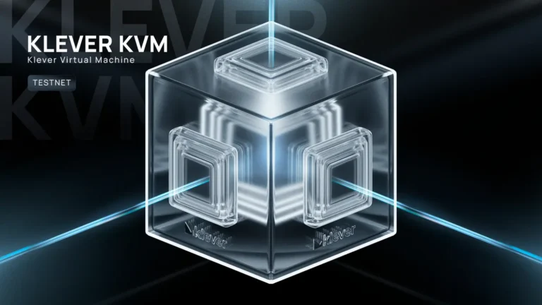 The image showcases the Klever Virtual Machine (KVM) with "KLEVER KVM" and "Klever Virtual Machine" text on the left, along with a "TESTNET" label. The central feature is a transparent, glowing cube with blue light beams intersecting it, set against a dark, high-tech background. decentralized applications, blockchain, developers